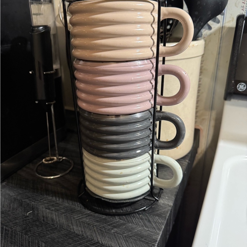 Stacked Ribbed Ceramic Mug Set - Pastel Pink, Cream, Gray